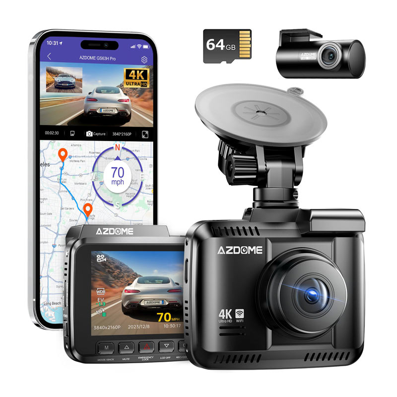 AZDOME GS63H Pro 4K + 1080P magyar nyelvű menetrögzítő kamera + 64GB SD kártya (WIFI + GPS)